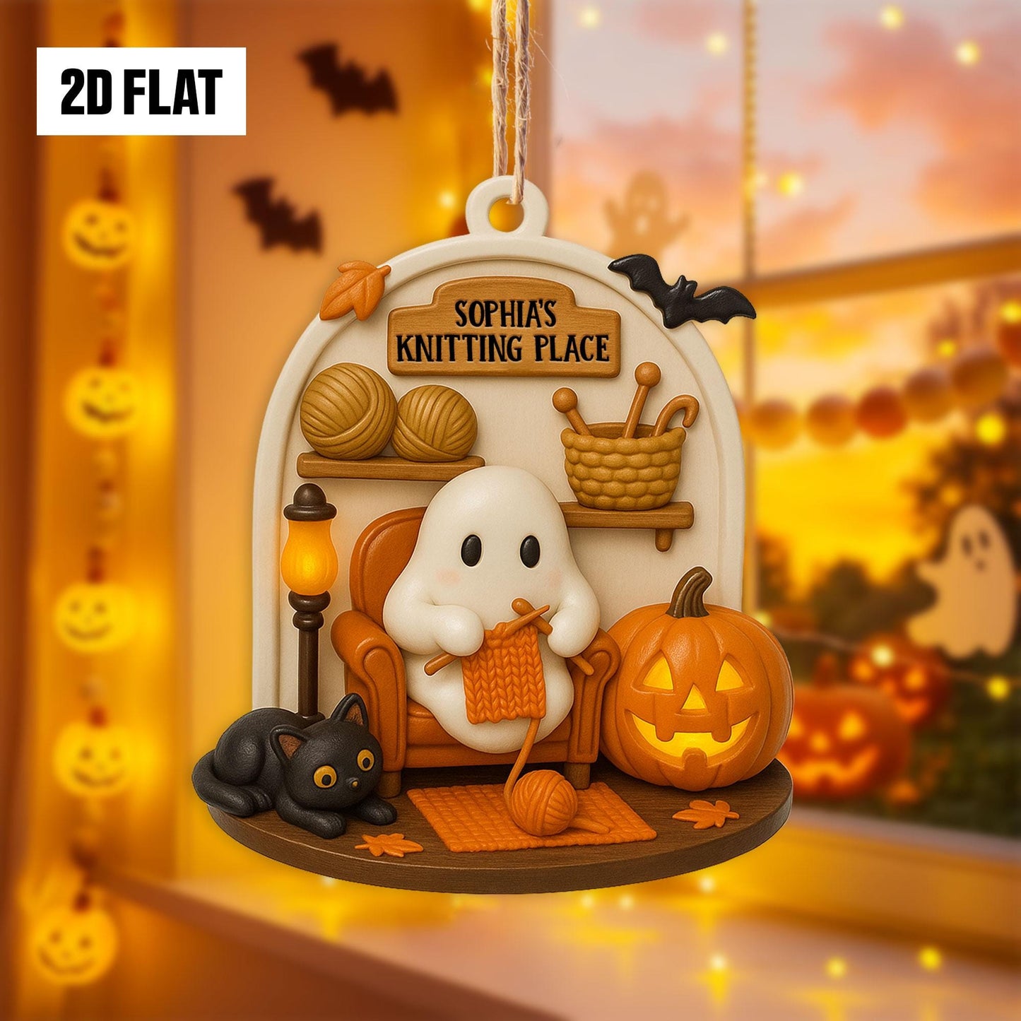 Personalized Knitting Halloween Ornament – Cute Ghost With Knitting, Custom Name Ornament 2D Flat, Fun And Spooky Halloween Hanging Window