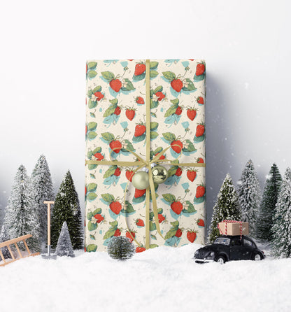 Farmers Market Wrapping Paper Roll Rustic Farm Fresh Strawberries Fruit Illustration Eco Friendly Farmhouse Kitchen Gift Wrap #37