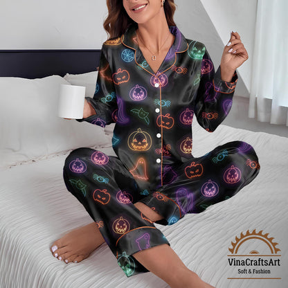 Cute Halloween Ghost Pajamas Set, Neon Ghost Pumpkin Bat Pajamas Set, Spooky Cute Sleepwear, Holiday Loungewear