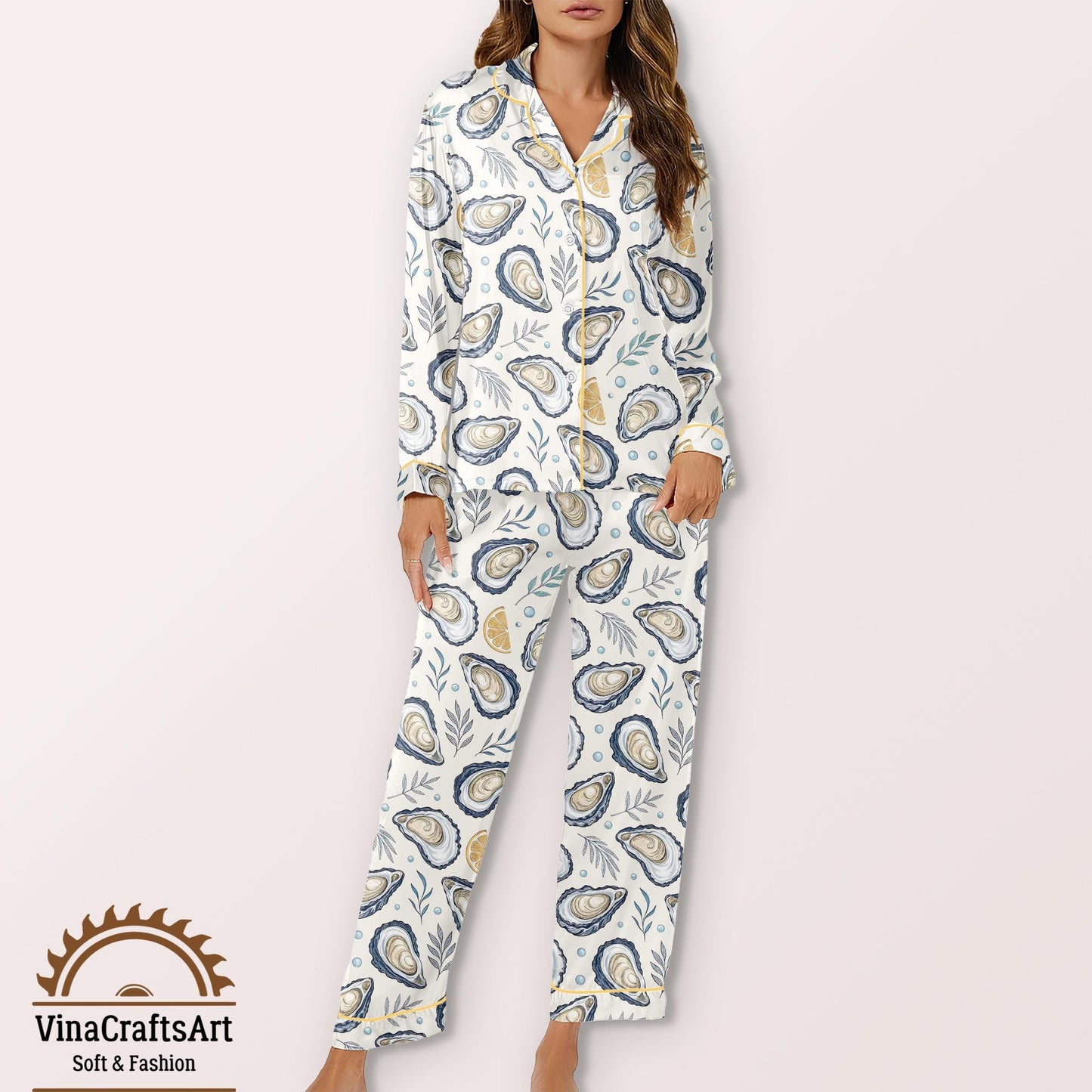 Oyster Pajamas Set, Coastal Summer Sleepwear for Women, Seashell Lemon Pajamas Set, Nautical Beach Loungewear, Cute Summer Pajamas