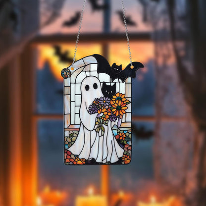 Ghost Cat Window Hanging, Halloween Acrylic Decor with Bat and Flowers, Cute Spooky Window Ornament for Fall Gothic Home Decoration
