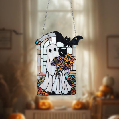 Ghost Cat Window Hanging, Halloween Acrylic Decor with Bat and Flowers, Cute Spooky Window Ornament for Fall Gothic Home Decoration