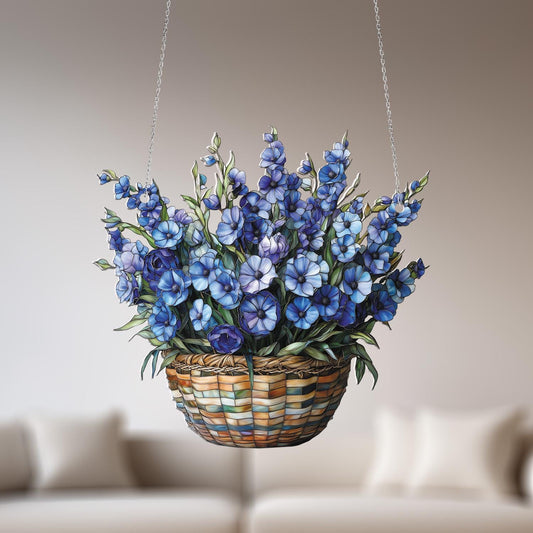 Blue Floral Window Hanging – Elegant Basket Flower Window Decoration, Unique Hanging Art for Home, Living Room, Bedroom & Gift