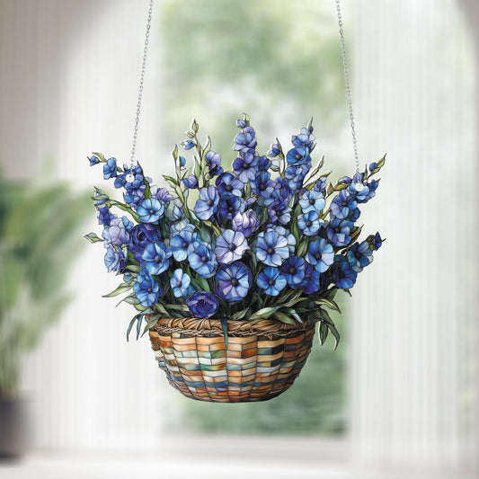 Blue Floral Window Hanging – Elegant Basket Flower Window Decoration, Unique Hanging Art for Home, Living Room, Bedroom & Gift