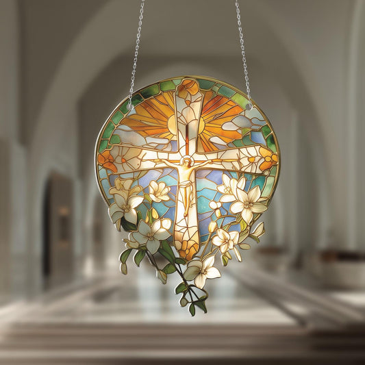 Christian Cross Window Hanging – Religious Floral Window Decoration, Inspirational Hanging Art for Home, Church, Prayer Room & Gift