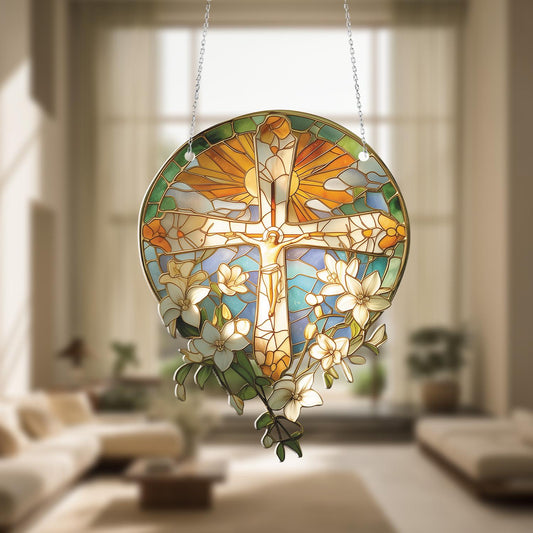 Christian Cross Window Hanging – Religious Floral Window Decoration, Inspirational Hanging Art for Home, Church, Prayer Room & Gift