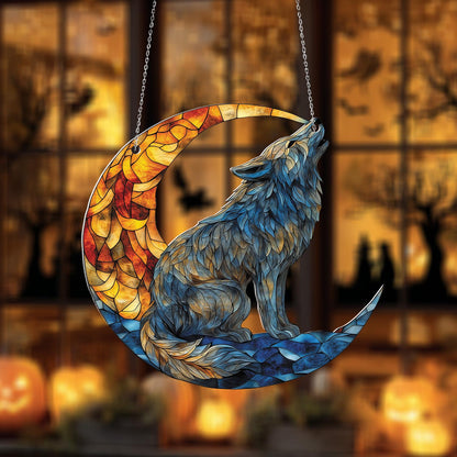Wolf Moon Window Hanging – Unique Howling Wolf Decoration, Boho Animal Hanging Art for Bedroom, Living Room, Cabin, Lodge and Gift
