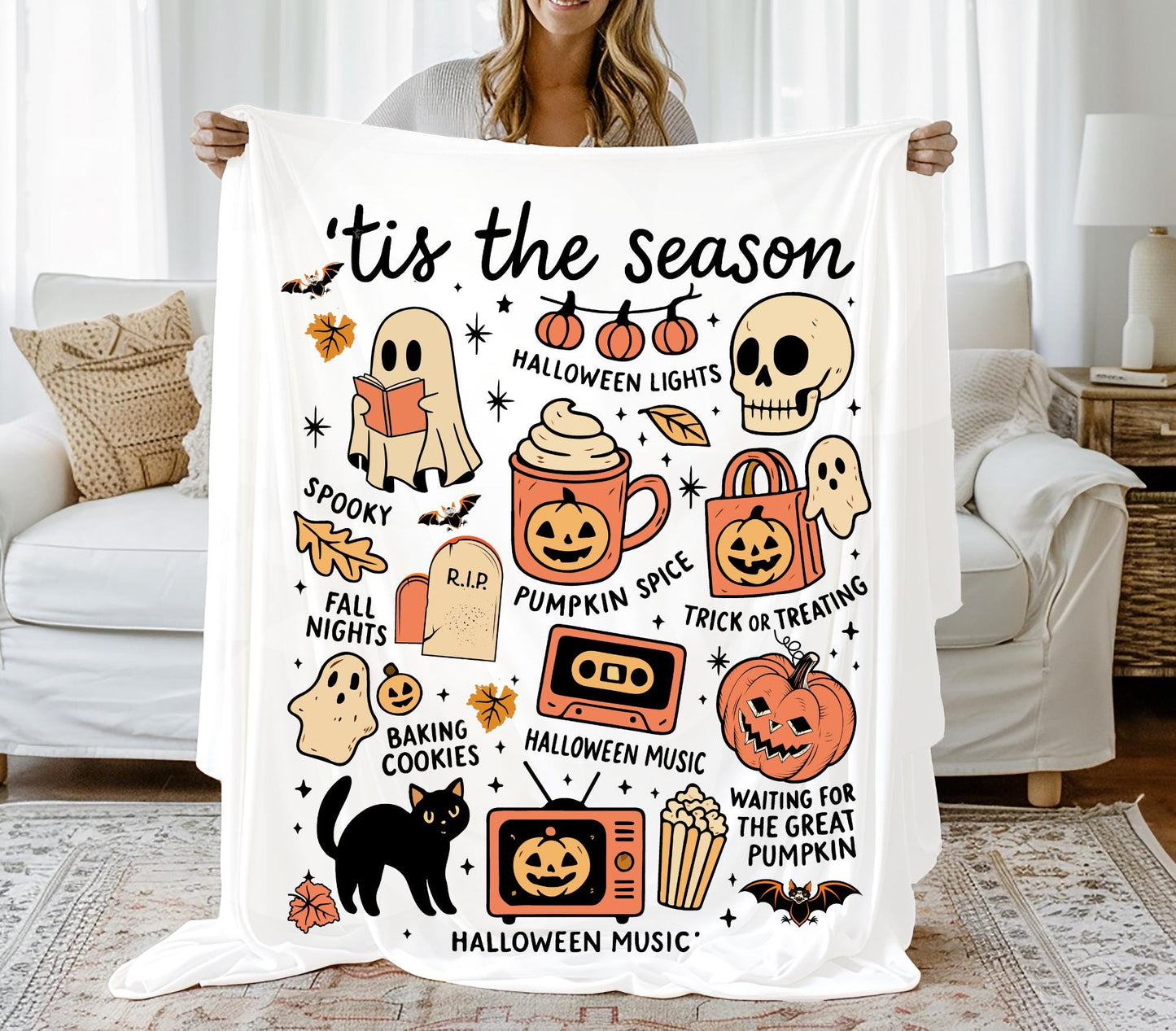 Cozy Halloween Velveteen Plush Blanket, Spooky Throw, Fall Decor, Pumpkin Season Gift, Spooky Season Blanket, Cute Halloween Blanket