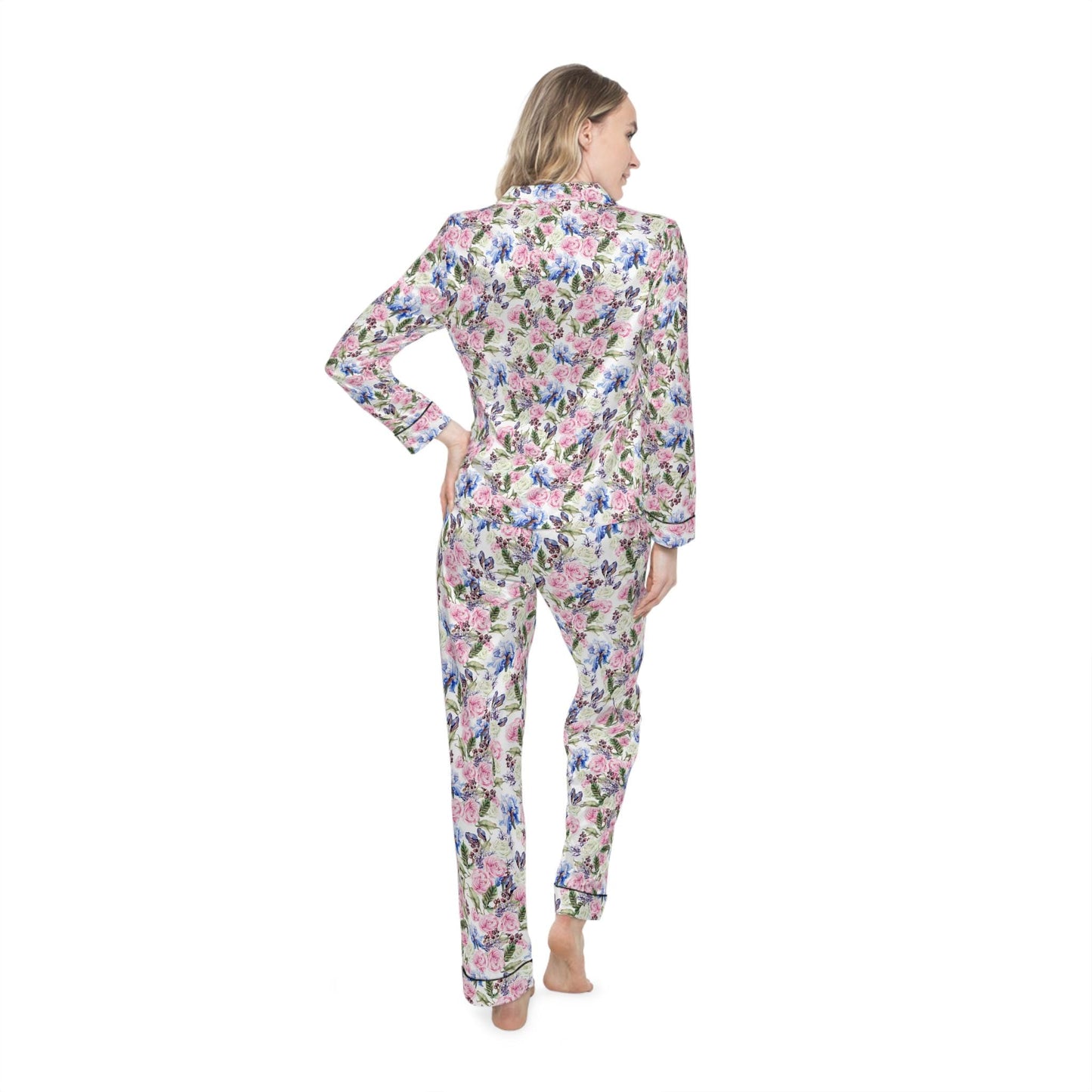 Romantic Watercolor Floral Bridal Pajama Set • Garden Wedding Sleepwear • Bridesmaid Gift • Satin Lounge Set with Roses & Leaves