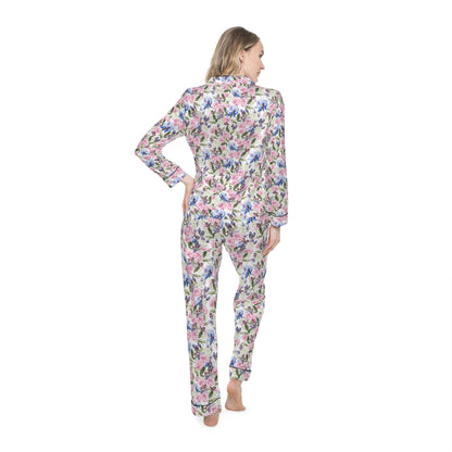 Romantic Watercolor Floral Bridal Pajama Set • Garden Wedding Sleepwear • Bridesmaid Gift • Satin Lounge Set with Roses & Leaves