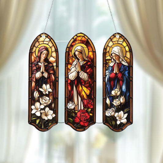 Virgin Mary Triptych Window Hanging, Faux Stained Glass Catholic Decor, Prayer Panel Wall Art, Religious Gift for Home or Church