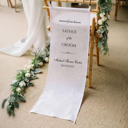 In Loving Memory Chair Sign, Wedding Memorial Banner, Reserved Seat for Father of Groom in Heaven, Personalized with Name & Date