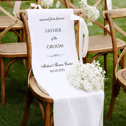 In Loving Memory Chair Sign, Wedding Memorial Banner, Reserved Seat for Father of Groom in Heaven, Personalized with Name & Date