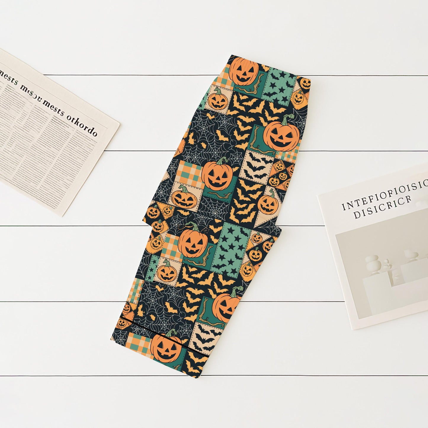 Halloween Pumpkin Patchwork Pajamas Set, Pumpkin Bat Sleepwear, Halloween Pattern Homewear, Spooky Season Gift
