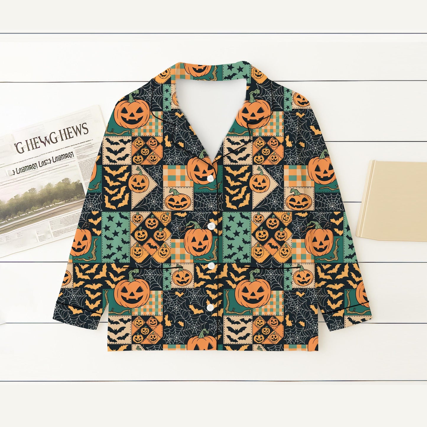 Halloween Pumpkin Patchwork Pajamas Set, Pumpkin Bat Sleepwear, Halloween Pattern Homewear, Spooky Season Gift