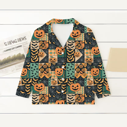 Halloween Pumpkin Patchwork Pajamas Set, Pumpkin Bat Sleepwear, Halloween Pattern Homewear, Spooky Season Gift