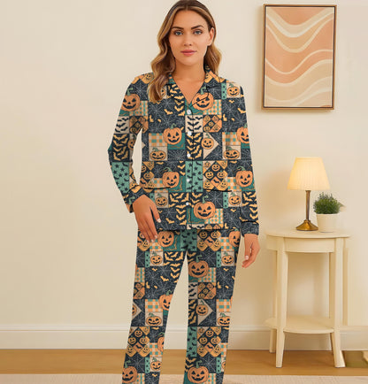 Halloween Pumpkin Patchwork Pajamas Set, Pumpkin Bat Sleepwear, Halloween Pattern Homewear, Spooky Season Gift
