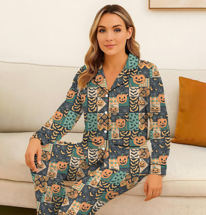 Halloween Pumpkin Patchwork Pajamas Set, Pumpkin Bat Sleepwear, Halloween Pattern Homewear, Spooky Season Gift