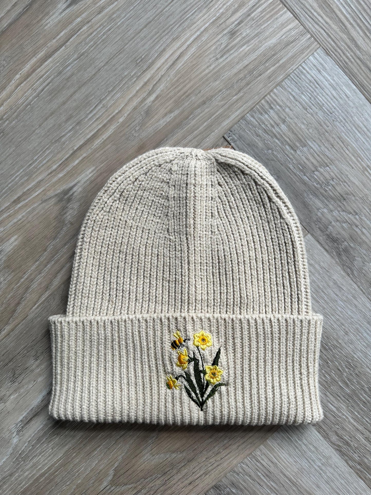 Daffodil and Bee Embroidered Beanie, Spring Gift Hat, Adult Beanie, Nature Beanie, Botanical Hat, Gift for Nature Lovers, Floral Beanie