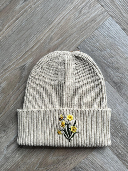 Daffodil and Bee Embroidered Beanie, Spring Gift Hat, Adult Beanie, Nature Beanie, Botanical Hat, Gift for Nature Lovers, Floral Beanie