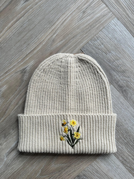 Daffodil and Bee Embroidered Beanie, Spring Gift Hat, Adult Beanie, Nature Beanie, Botanical Hat, Gift for Nature Lovers, Floral Beanie