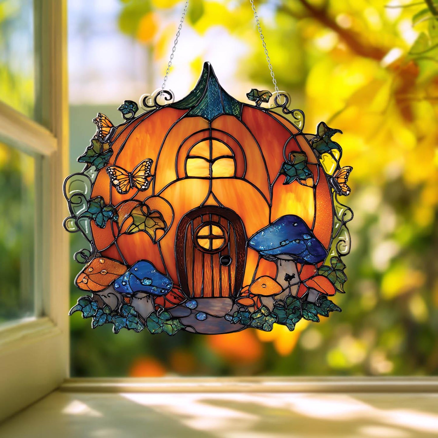 Pumpkin House Window Hanging, Fall Autumn Decor, Handcrafted Acrylic Ornament, Perfect Halloween Home Decoration, Halloween Home Decor