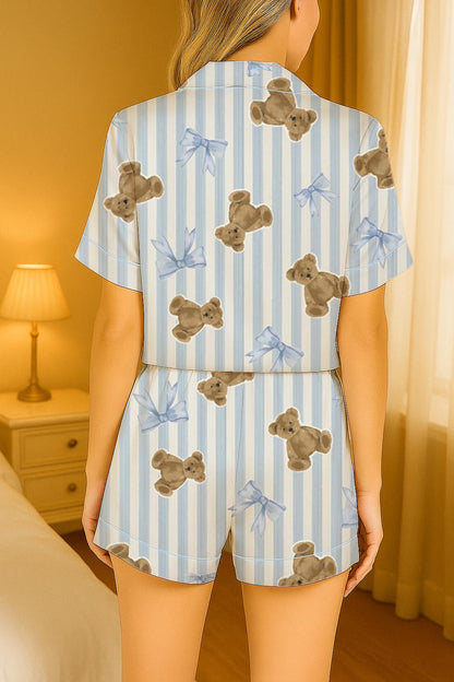 Cozy Teddy Bear Women's Pajama, Teddy Bear Print Loungewear, Silky Sleepwear, Cozy Gift for Her, Girly Sleepwear Aesthetic, Cute Satin Set