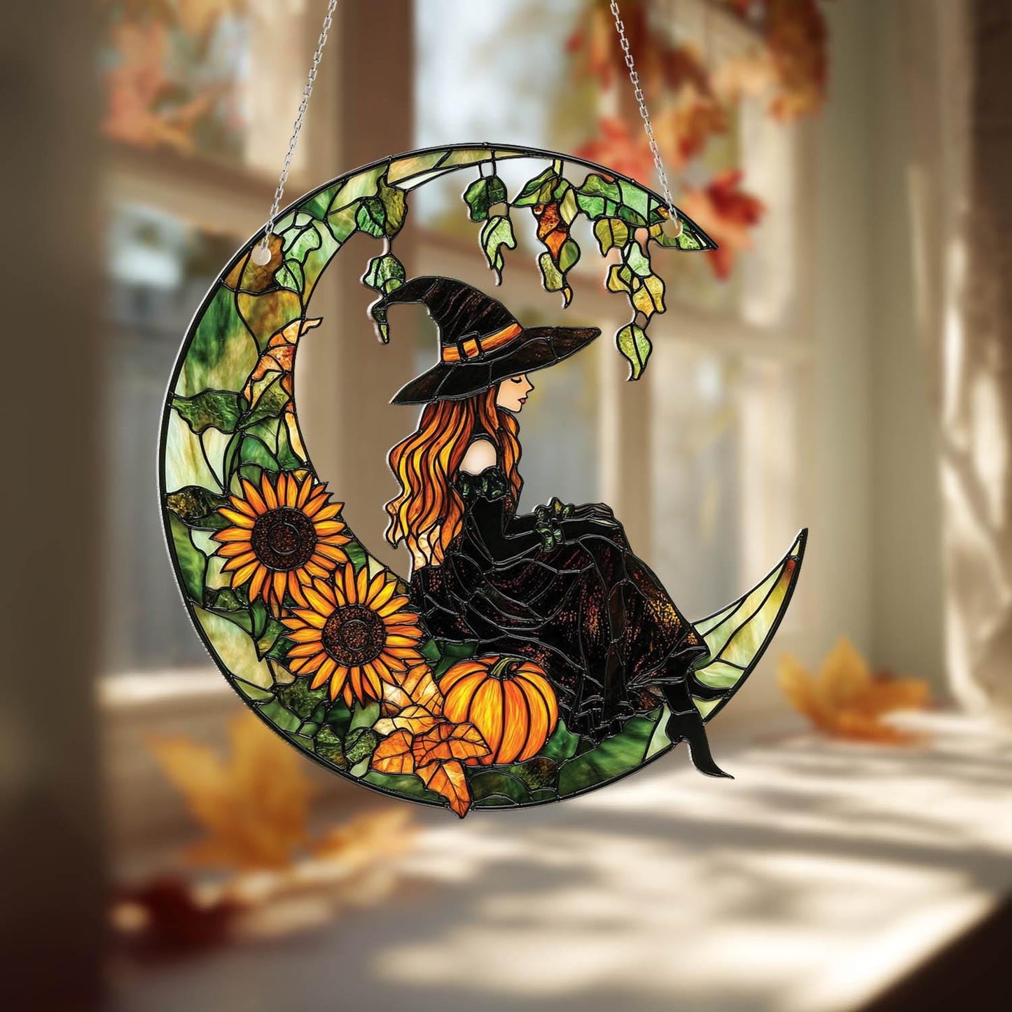 Witch on Crescent Moon with Pumpkin and Sunflower Window Hanging, Fall Autumn Decor, Handcrafted Acrylic Ornament, Perfect Halloween Decor