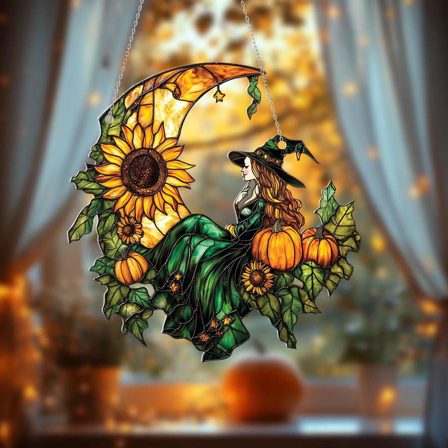 Witch on Crescent Moon with Pumpkin and Sunflower Window Hanging, Fall Autumn Decor, Handcrafted Acrylic Ornament, Perfect Halloween Decor