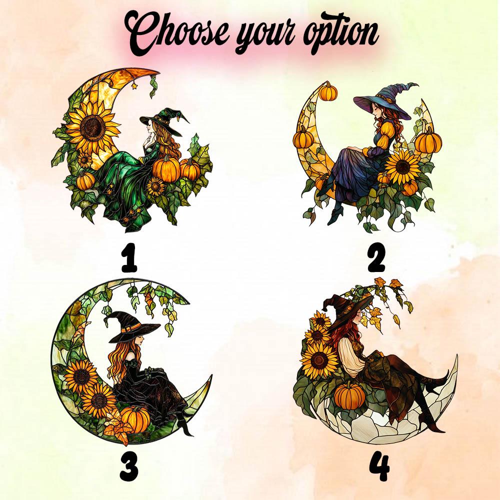 Witch on Crescent Moon with Pumpkin and Sunflower Window Hanging, Fall Autumn Decor, Handcrafted Acrylic Ornament, Perfect Halloween Decor
