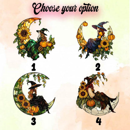 Witch on Crescent Moon with Pumpkin and Sunflower Window Hanging, Fall Autumn Decor, Handcrafted Acrylic Ornament, Perfect Halloween Decor