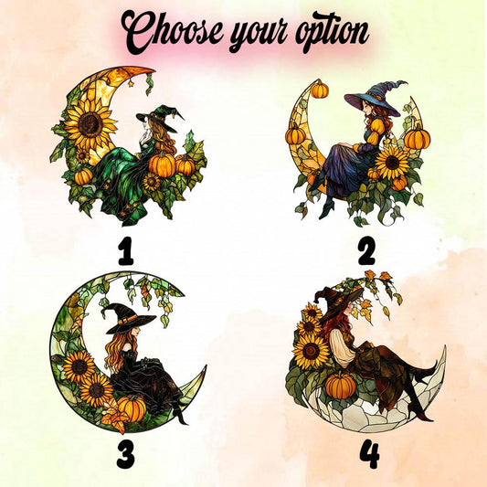 Witch on Crescent Moon with Pumpkin and Sunflower Window Hanging, Fall Autumn Decor, Handcrafted Acrylic Ornament, Perfect Halloween Decor