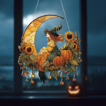 Witch on Crescent Moon with Sunflowers and Pumpkins Window Hanging, Fall Autumn Decor, Handcrafted Acrylic Ornament, Perfect Halloween Decor