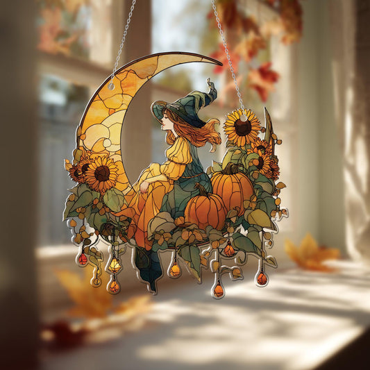 Witch on Crescent Moon with Sunflowers and Pumpkins Window Hanging, Fall Autumn Decor, Handcrafted Acrylic Ornament, Perfect Halloween Decor