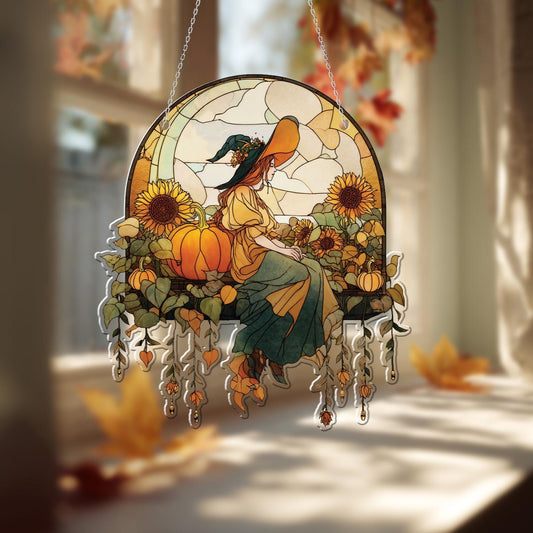 Witch with Sunflowers and Pumpkins Window Hanging, Fall Autumn Decor, Handcrafted Acrylic Ornament, Perfect Halloween Decoration for Home