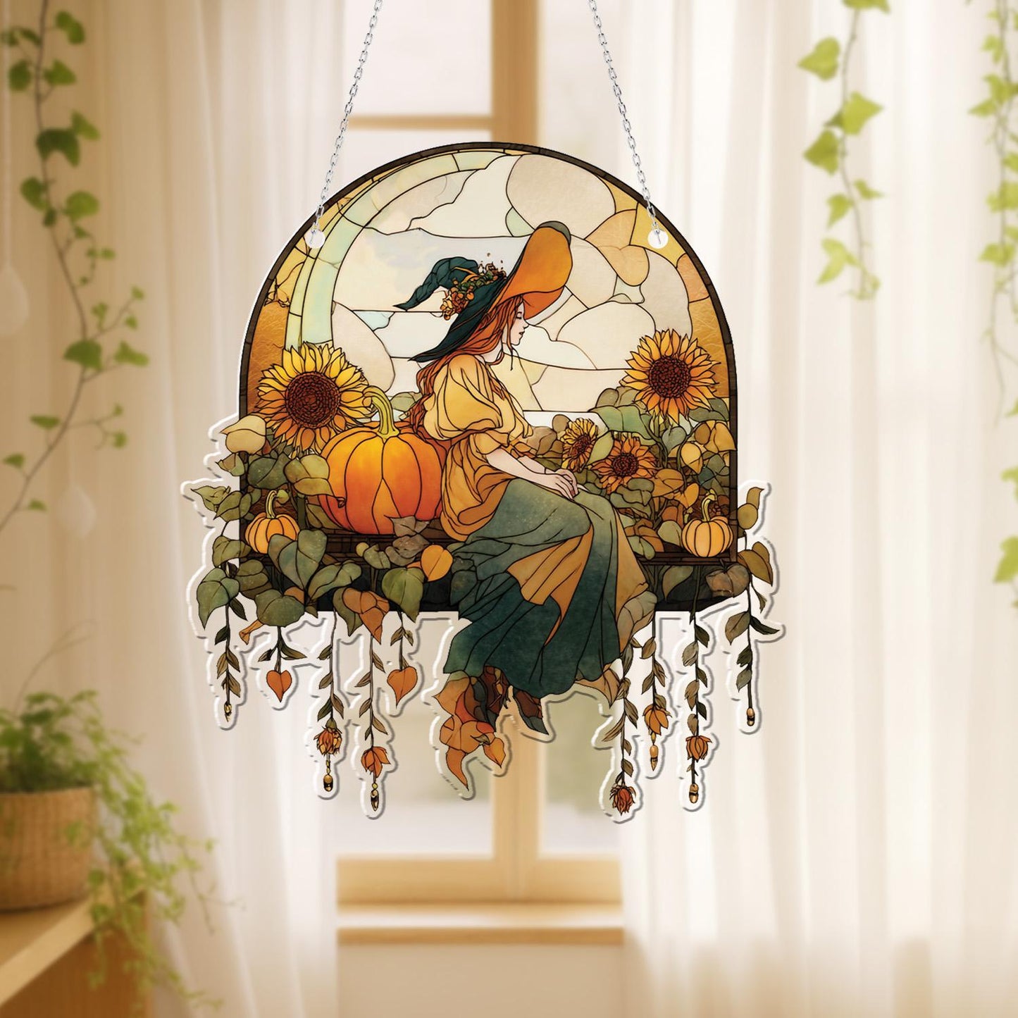Witch with Sunflowers and Pumpkins Window Hanging, Fall Autumn Decor, Handcrafted Acrylic Ornament, Perfect Halloween Decoration for Home
