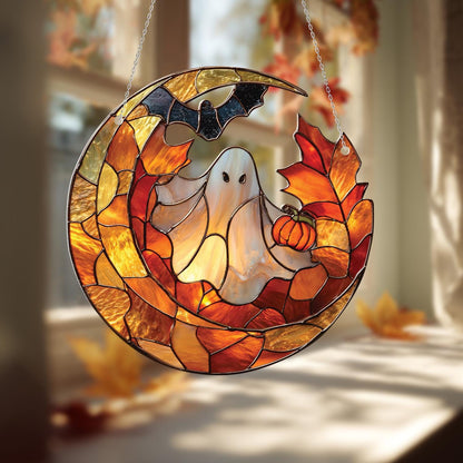 Ghost, Pumpkin, and Bat on Crescent Moon Window Hanging, Halloween Fall Decor, Handcrafted Acrylic Ornament, Perfect for Spooky Home Decor