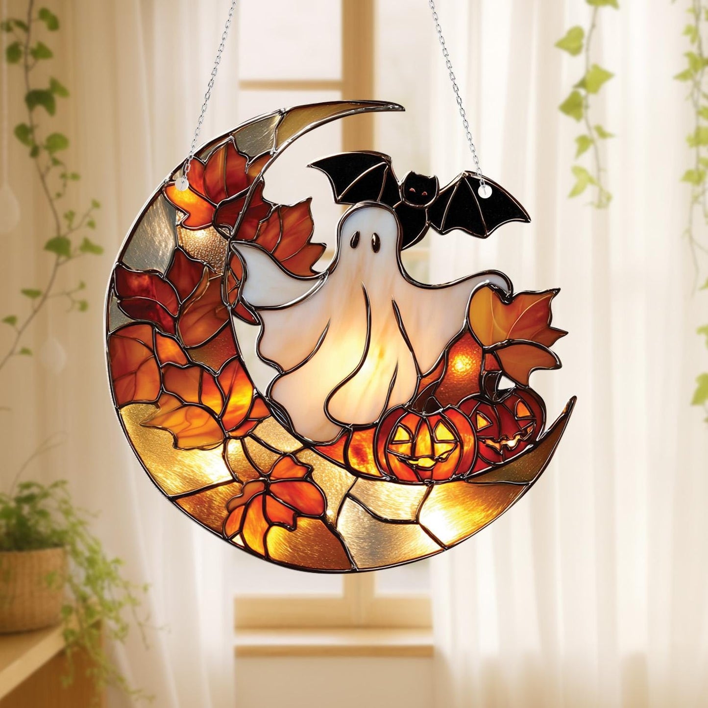 Ghost, Pumpkin, and Bat on Crescent Moon Window Hanging, Halloween Fall Decor, Handcrafted Acrylic Ornament, Perfect for Spooky Home Decor