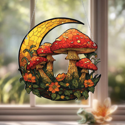 Mushroom Crescent Moon Window Hanging, Autumn Fall Decor, Handcrafted Acrylic Ornament, Perfect for Witchy Halloween Home Decoration