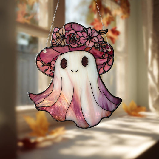 Floral Ghost Window Hanging, Cute Ghost with Flower Hat, Fall Autumn Decor, Handcrafted Acrylic Ornament, Perfect Halloween Decoration