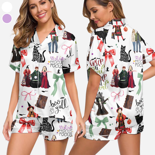 Hocus Pocus Pajamas Set, Sanderson Sisters Satin Pajamas, Spooky Season Pajamas Set, Trick Or Treat Shirt, houcus picus wind spinner