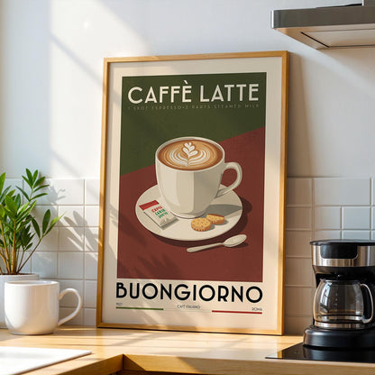 Caffe Latte Coffee Poster, Kitchen Coffee Bar Art Print, Coffee Bar Sign | Vintage Coffee Poster | Coffee Gift for Coffee Lover