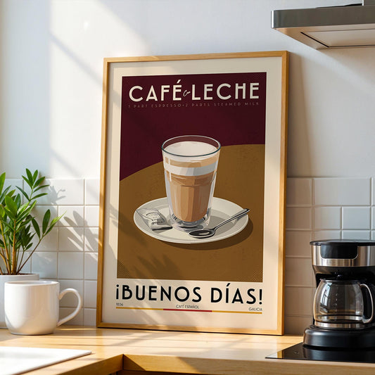 Cafe Con Leche Coffee Poster, Kitchen Coffee Bar Art Print, Coffee Bar Sign | Vintage Coffee Poster | Kitchen Art Print for Coffee Lover