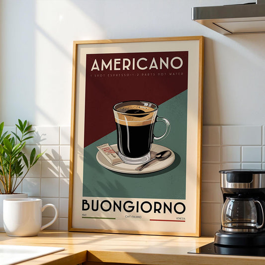 Americano Coffee Poster, Kitchen Coffee Bar Art Print, Coffee Bar Sign | Vintage Coffee Poster | Coffee Bar Decor for Coffee Lover