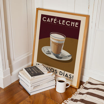 Cafe Con Leche Coffee Poster, Kitchen Coffee Bar Art Print, Coffee Bar Sign | Vintage Coffee Poster | Kitchen Art Print for Coffee Lover