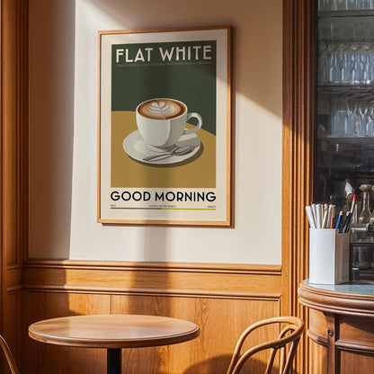 Flat White Coffee Poster, Kitchen Coffee Bar Art Print, Coffee Bar Sign | Vintage Coffee Poster | Kitchen Wall Art for Coffee Bar