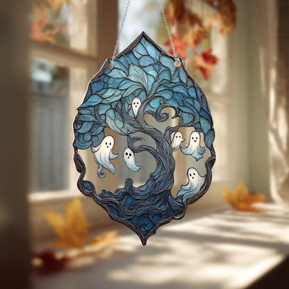 Ghost Tree Window Hanging, Halloween Decor, Fall Home Decoration, Autumn Tree with Ghosts, Seasonal Window Art, Spooky Decor, Unique Gift