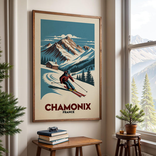 Chamonix France Ski Poster, Ski Lodge Decor | Vintage Ski Poster | Gift for Snow Lovers