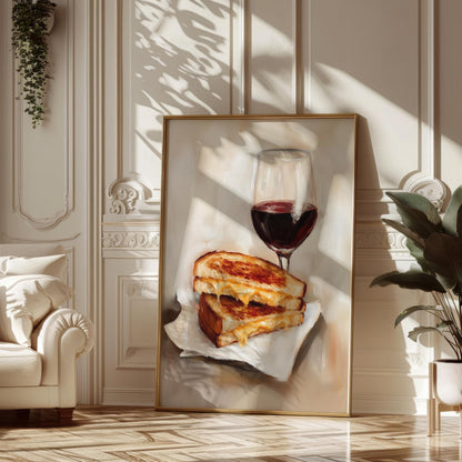 Grilled Cheese and Red Wine Art Print | Cute Quirky Whimsical | Cocktail Art Bar Cart Decor | Grilled Cheese Art Gift | Trendy Home Wall Art