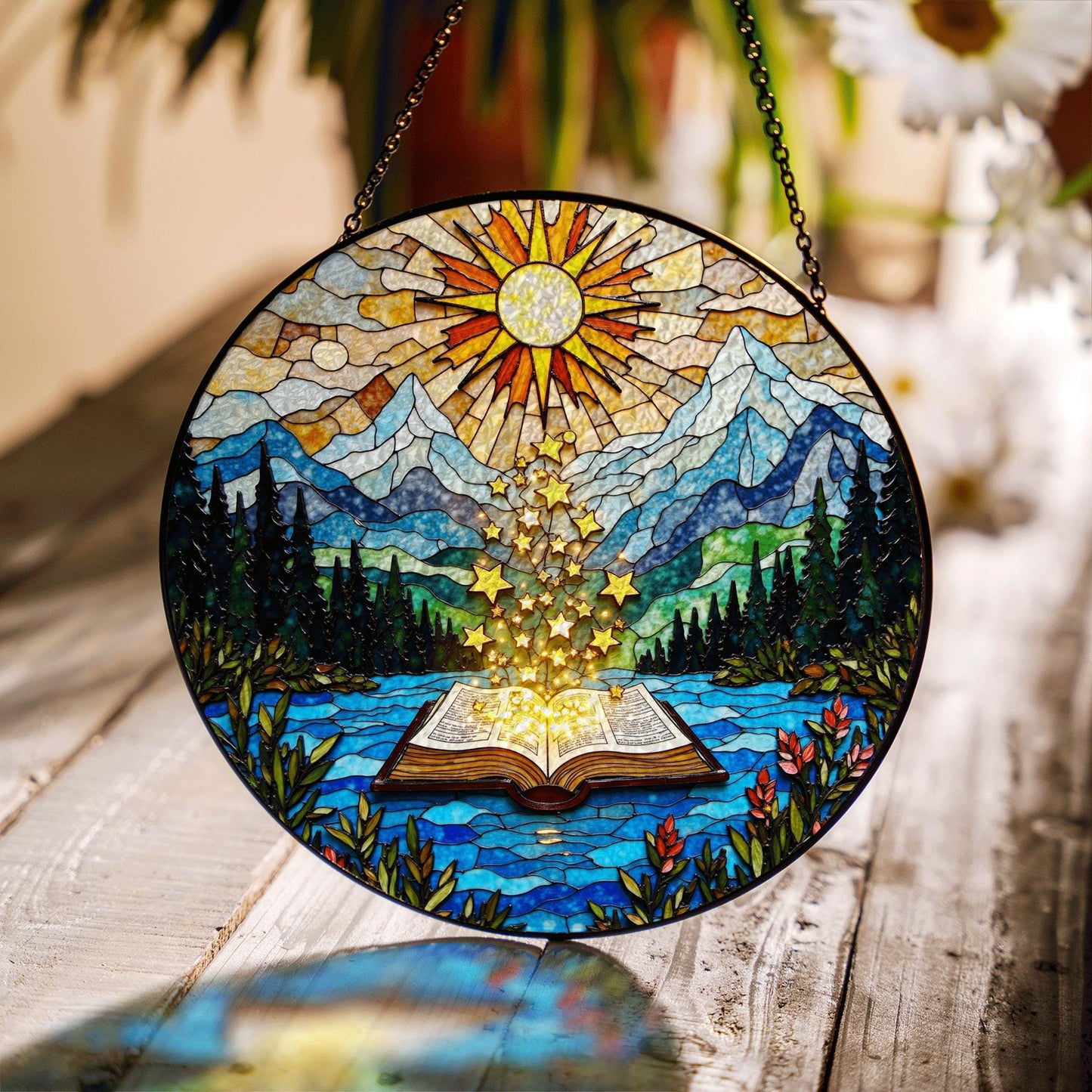 Open Book and Sun Rays Stained Glass Suncatcher Window Hanging Nature Gift for Teachers